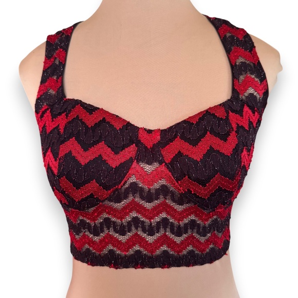 Monaco Tops - MONACO Red Black Lace Crop Top Bustier Size S